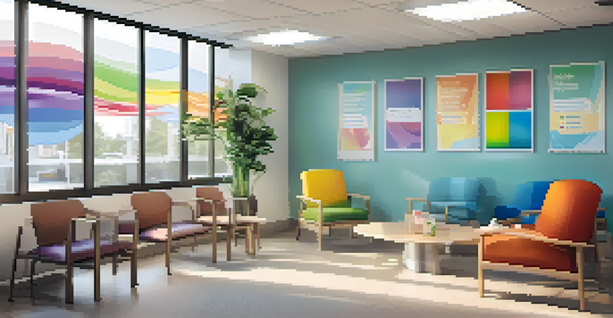 A bright and welcoming healthcare clinic waiting room with inclusive decorations and seating for patients.