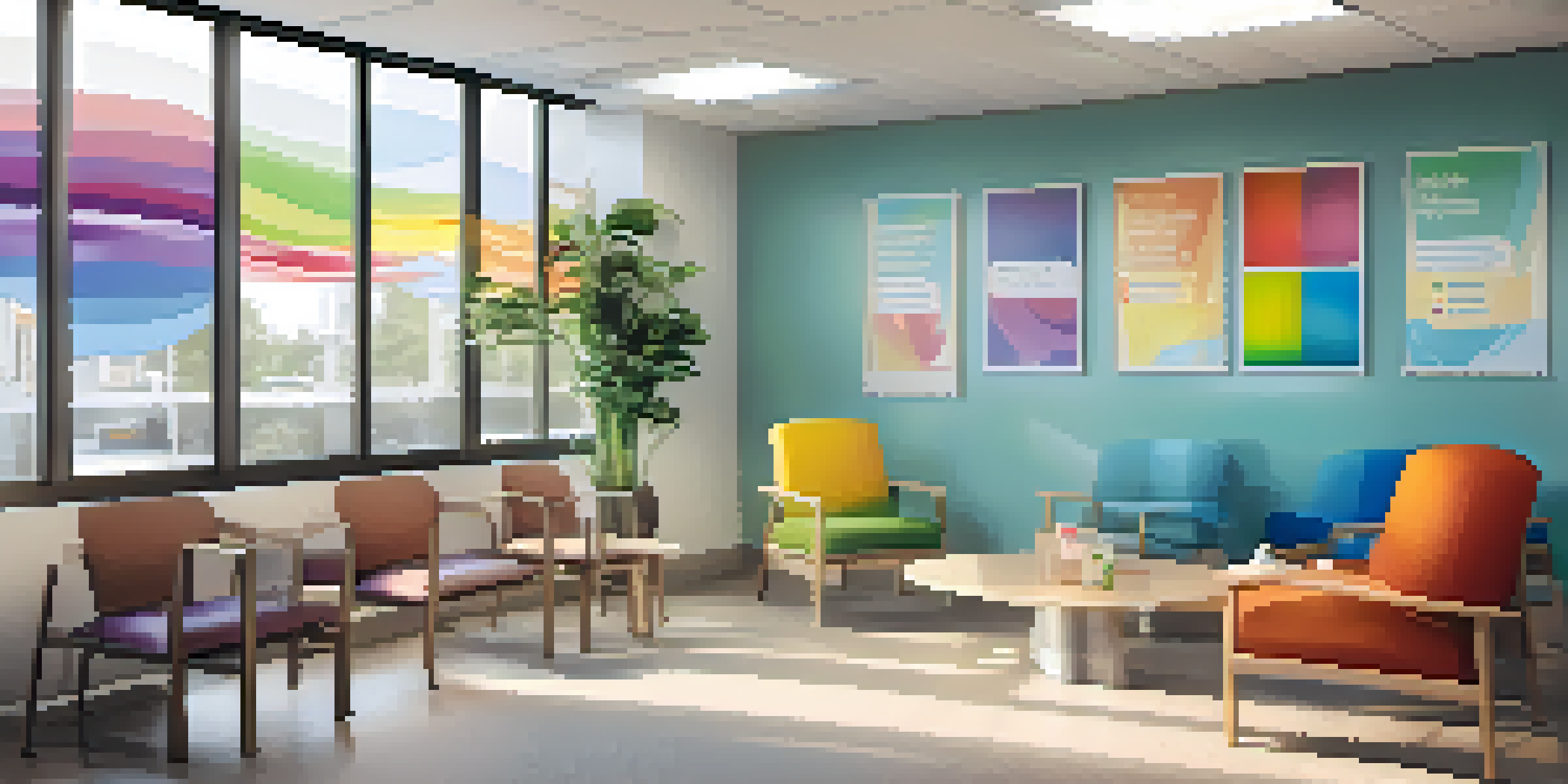 A bright and welcoming healthcare clinic waiting room with inclusive decorations and seating for patients.