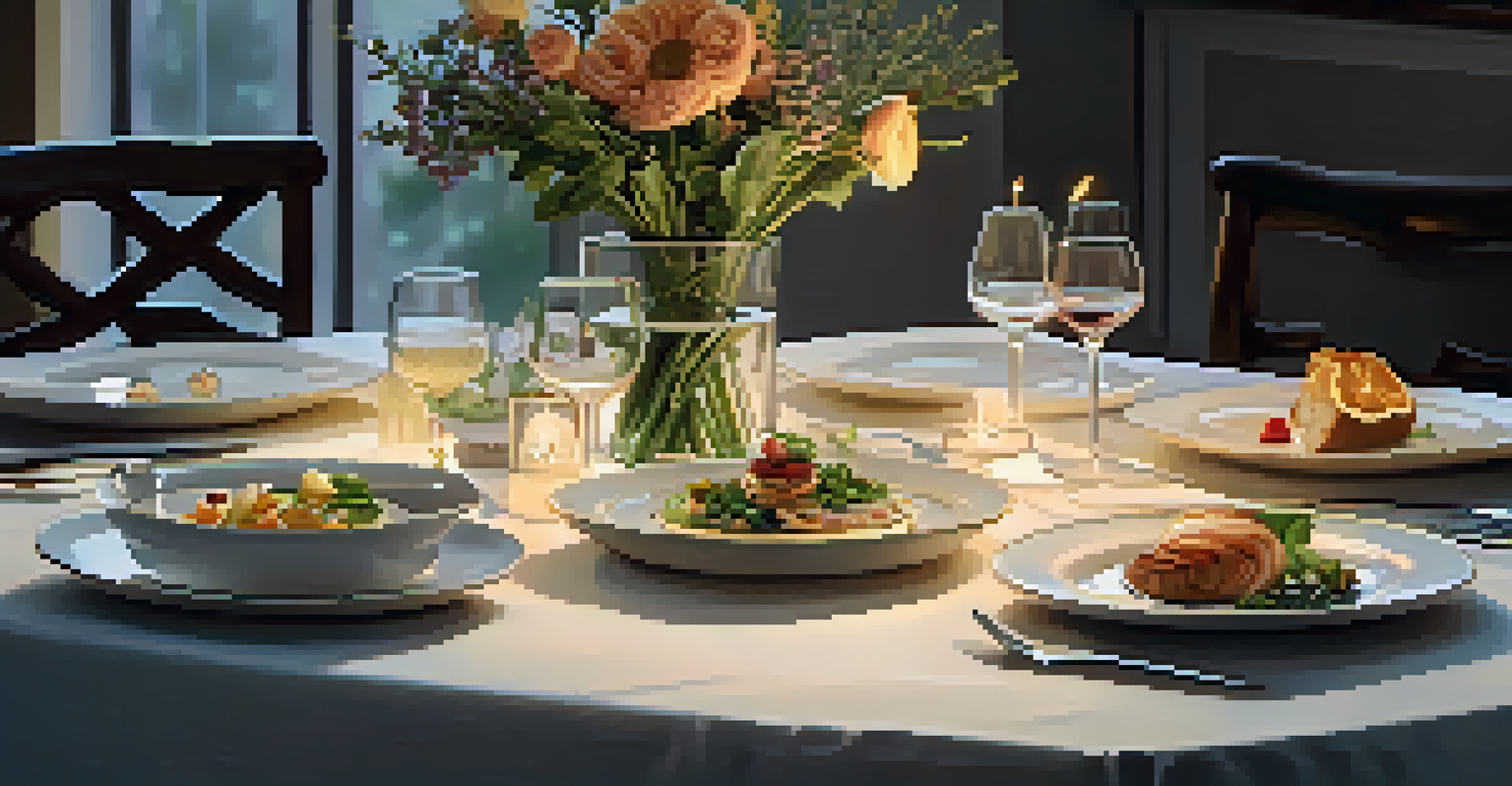 A dining table with smaller plates of measured food portions, beautifully set with flowers and candlelight.