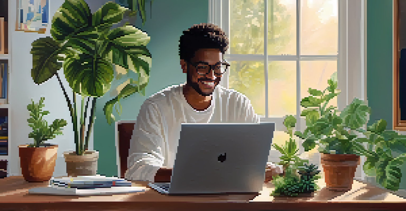 A person at home on a laptop, engaged in a virtual support meeting with smiling faces on the screen, surrounded by a cozy atmosphere.