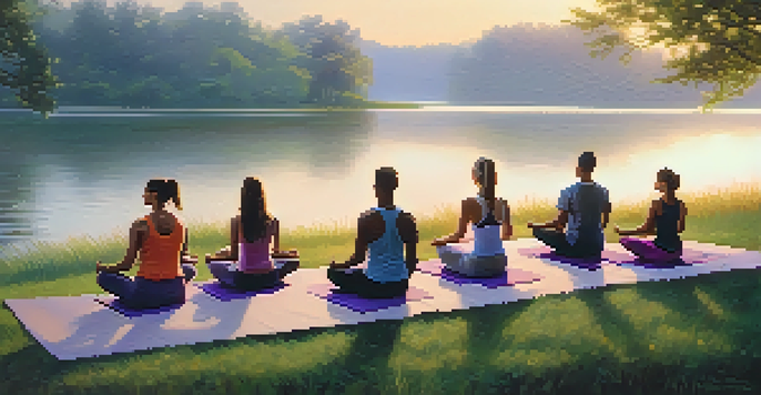 A diverse group of people practicing yoga outdoors at sunrise, surrounded by greenery and a calm lake.