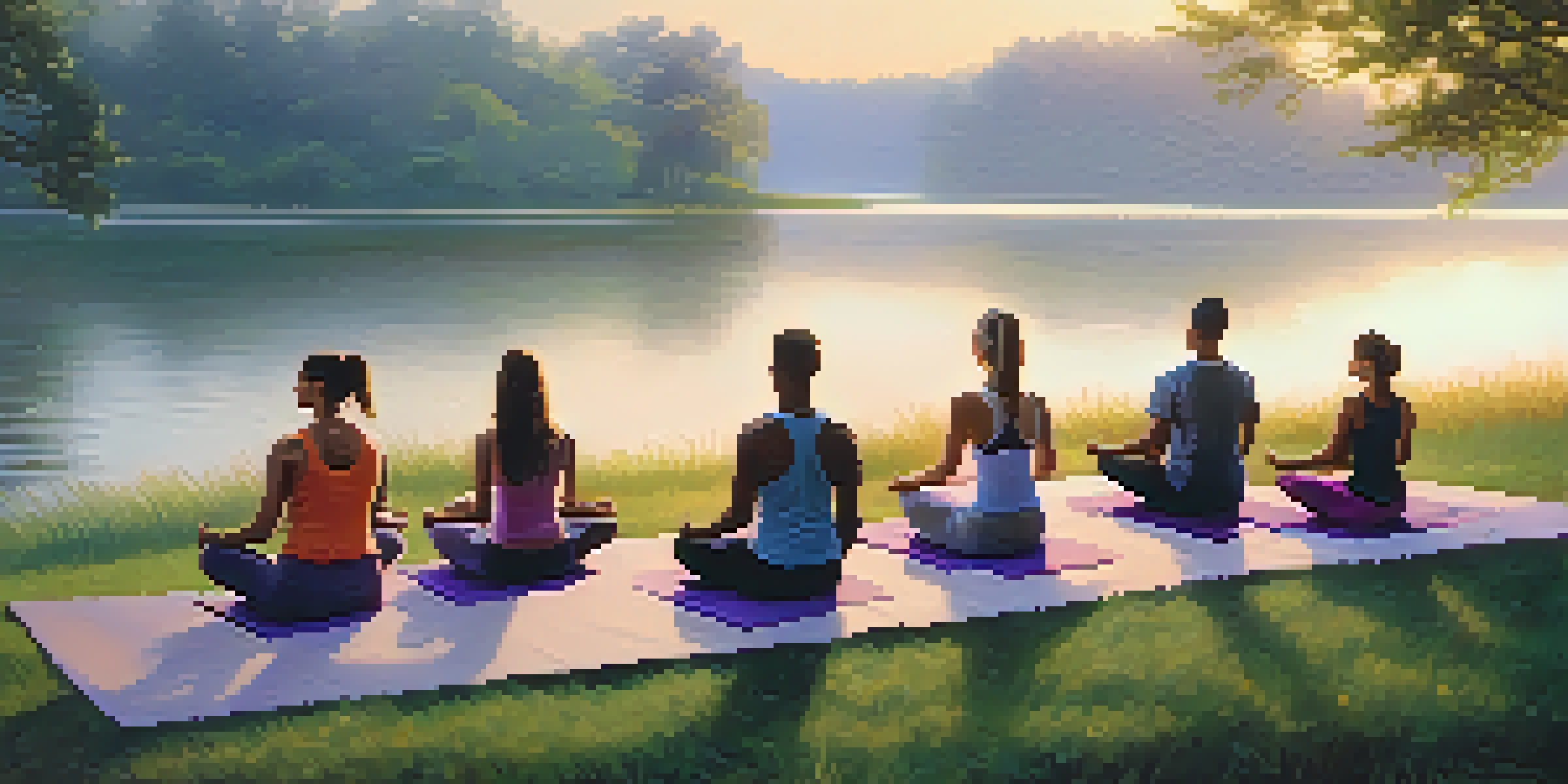A diverse group of people practicing yoga outdoors at sunrise, surrounded by greenery and a calm lake.