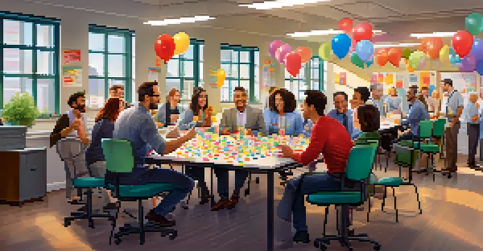 A diverse group of employees in a bright office environment, laughing and sharing stories during a team-building activity.