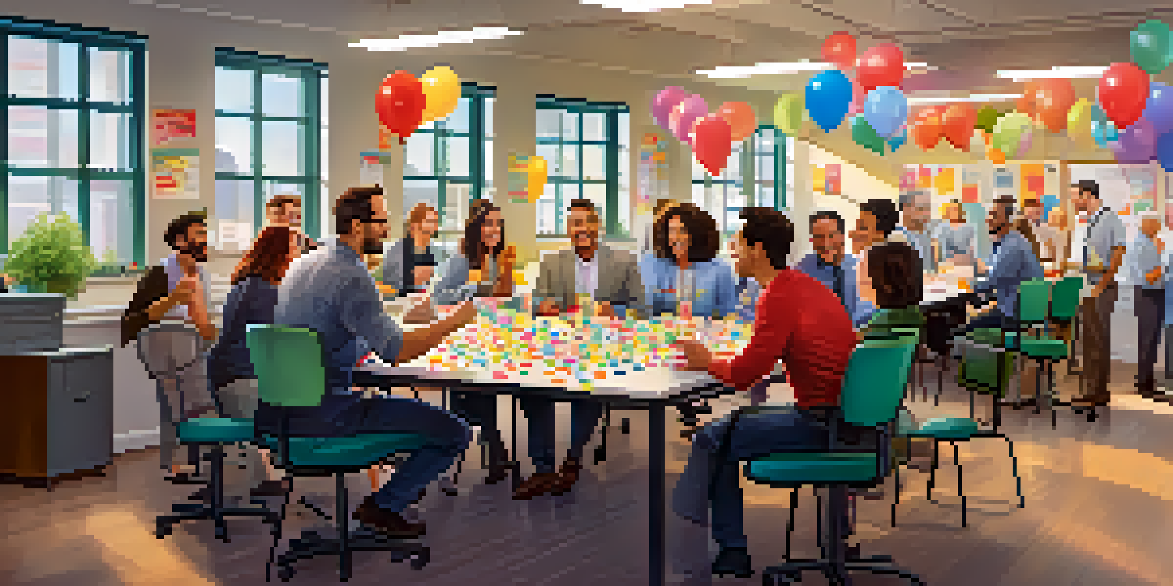 A diverse group of employees in a bright office environment, laughing and sharing stories during a team-building activity.
