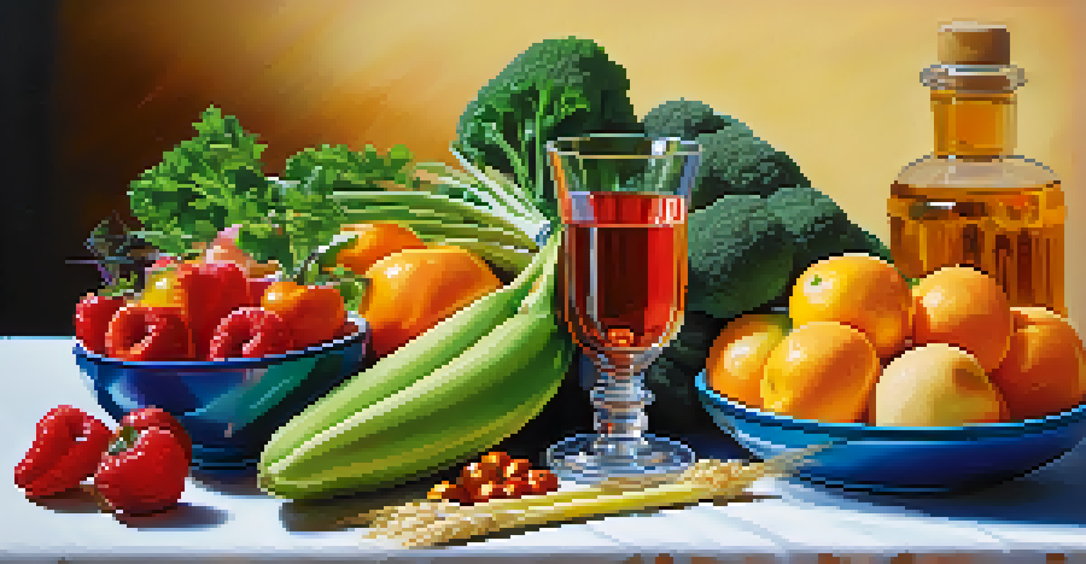 A colorful still life of a healthy meal with fruits, vegetables, and water, emphasizing nutrition's role in oral and mental health.