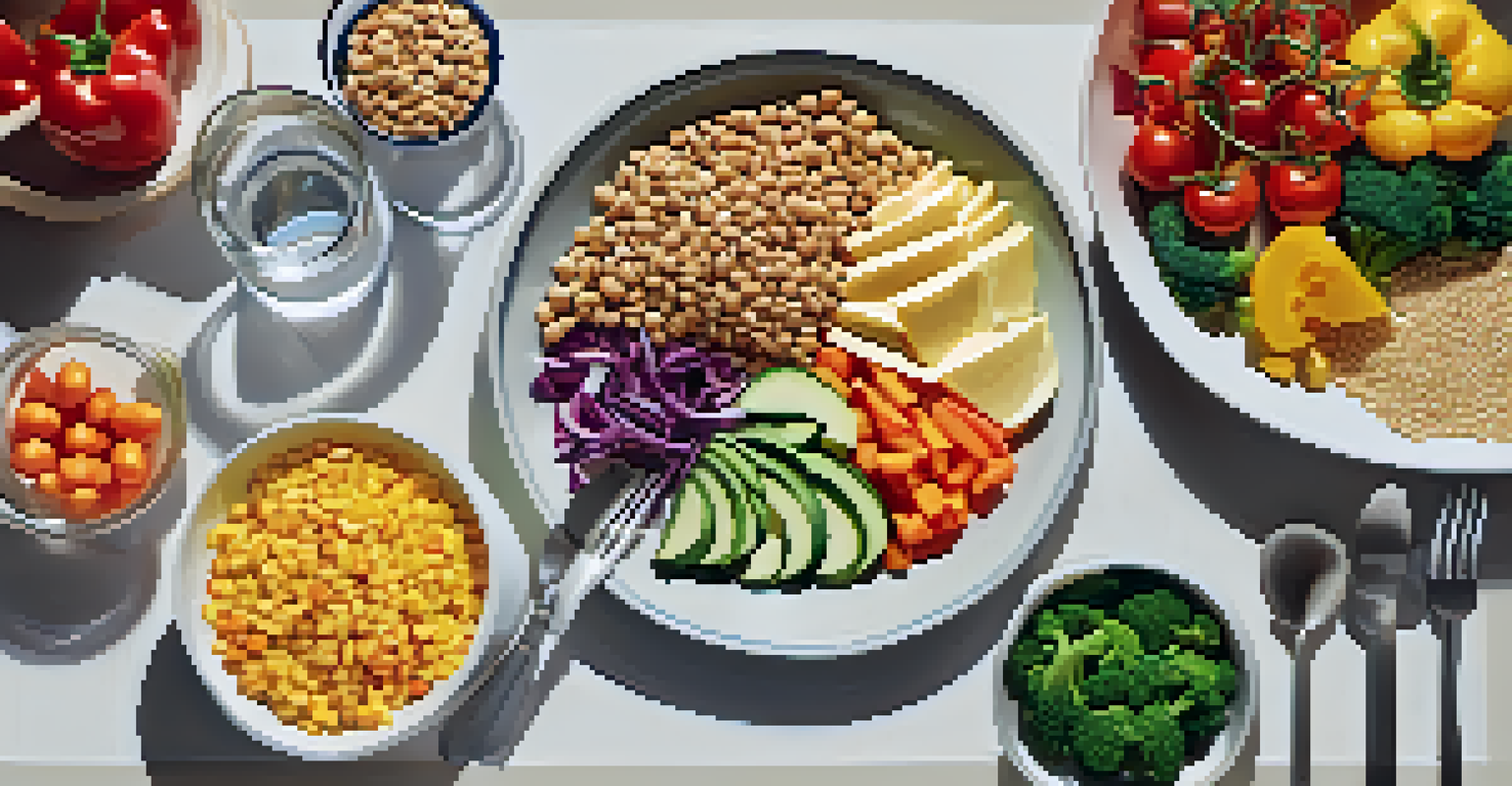 An overhead view of a balanced meal with vegetables, lean protein, and whole grains on a plate, accompanied by a glass of water.