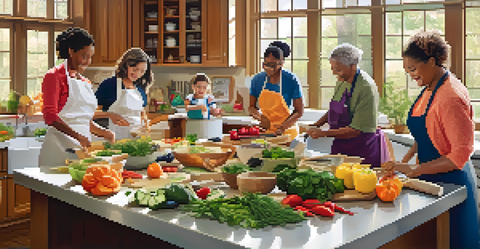 A diverse group of patients happily participating in a cooking class, chopping vegetables and preparing a healthy meal in a bright kitchen.