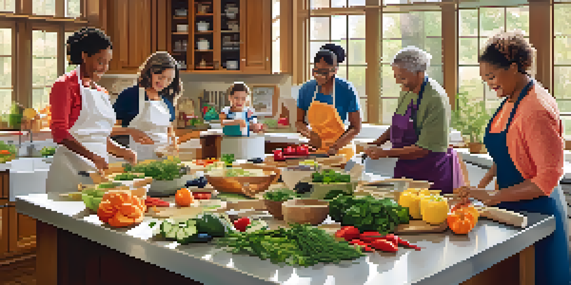 A diverse group of patients happily participating in a cooking class, chopping vegetables and preparing a healthy meal in a bright kitchen.