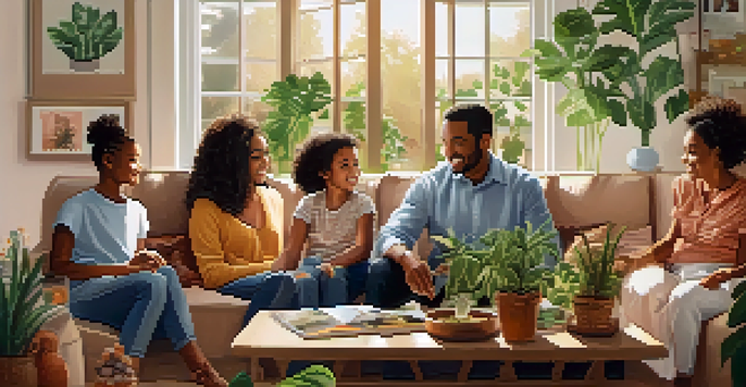 A diverse family sitting together in a cozy living room, discussing their health history with warmth and connection.