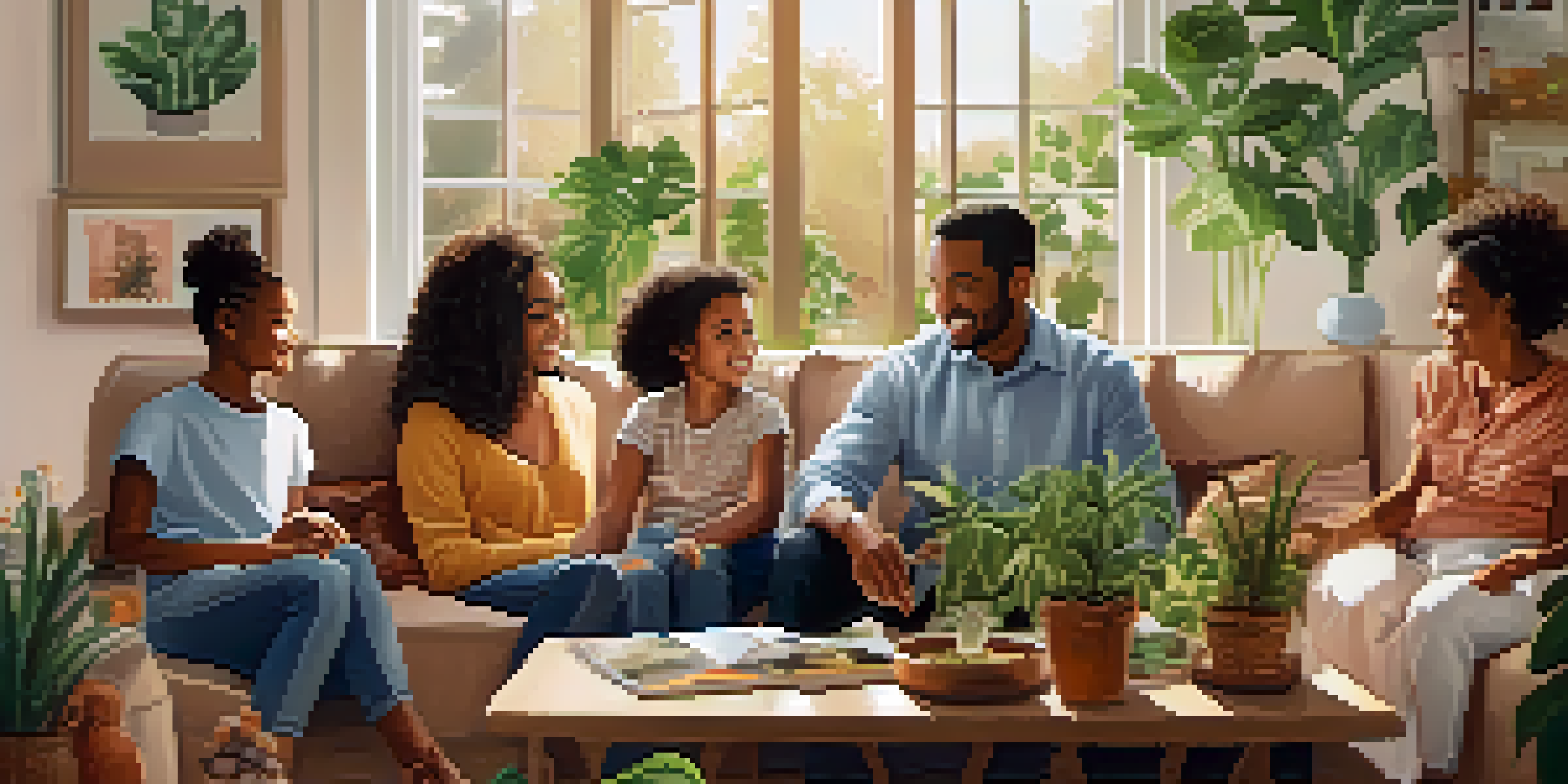 A diverse family sitting together in a cozy living room, discussing their health history with warmth and connection.