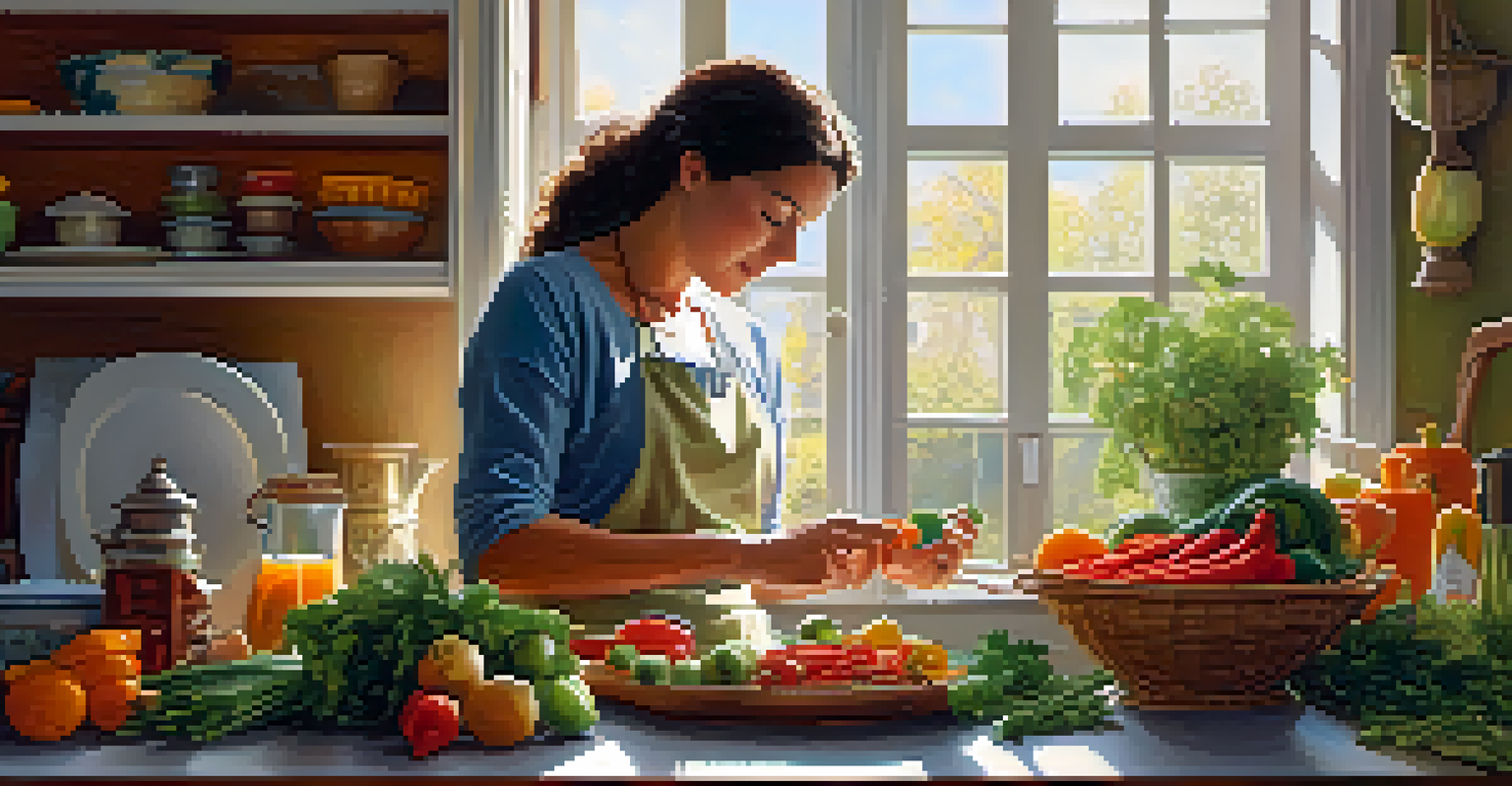 A woman preparing a healthy meal in a bright kitchen filled with fresh vegetables and fruits.