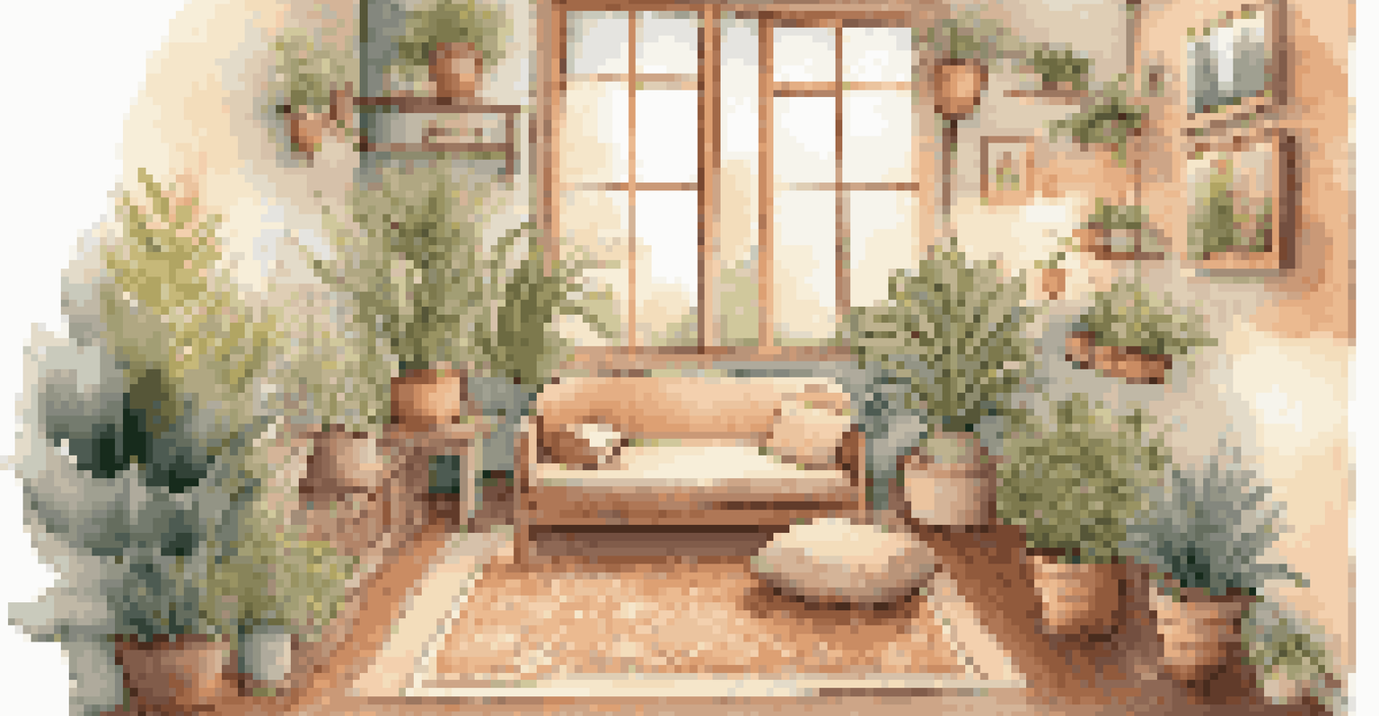 A cozy indoor mindfulness space with a meditation cushion, plants, and soft lighting, creating a peaceful ambiance.
