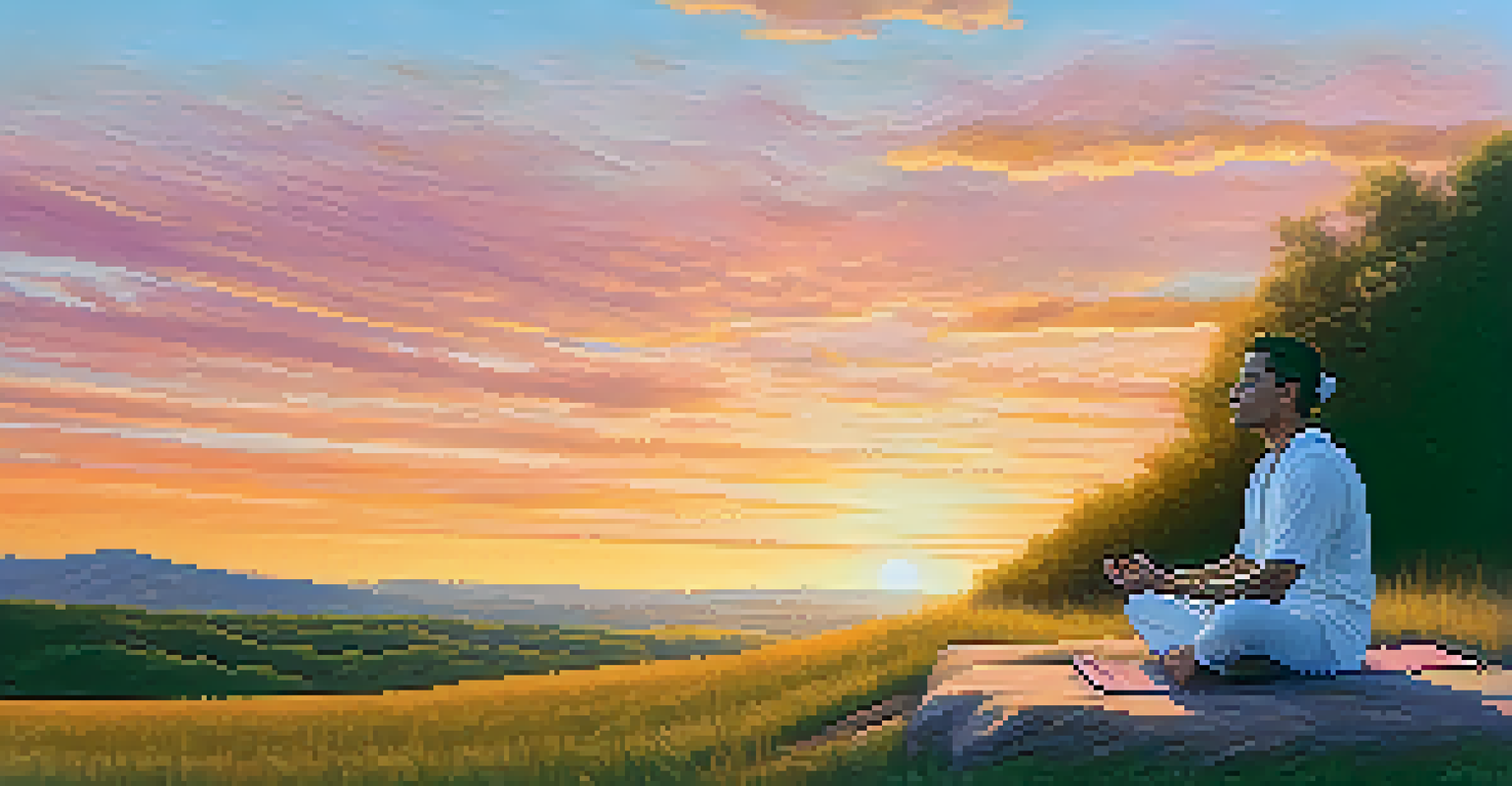 A person meditating on a hilltop during sunset, surrounded by nature, with a serene expression and warm sunset colors in the background.