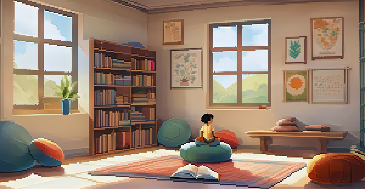 A cozy mindfulness corner in a school with cushions, books, and calming decor where a student is sitting quietly.