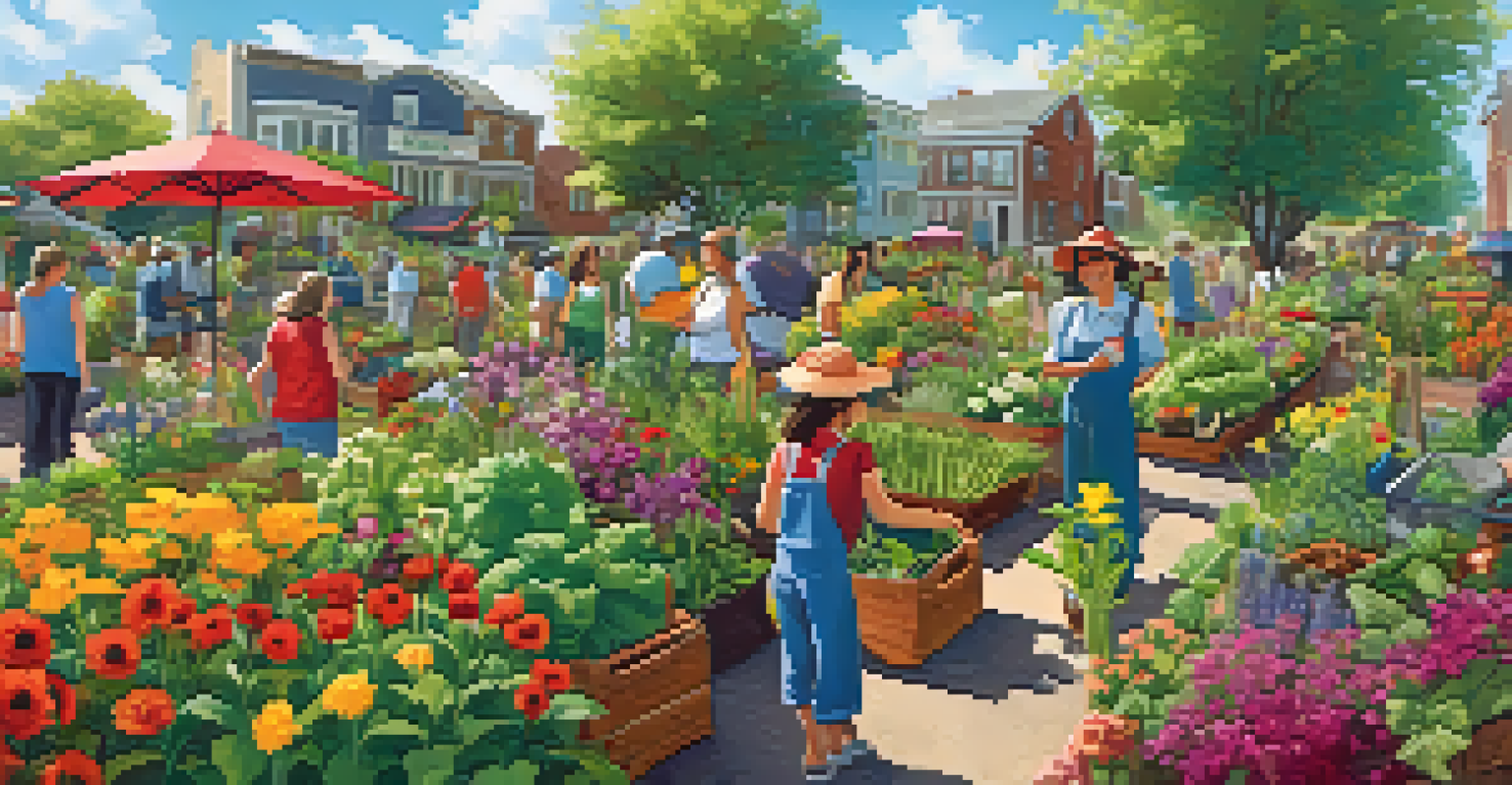 A lively community garden with people planting and tending to colorful flowers and vegetables.