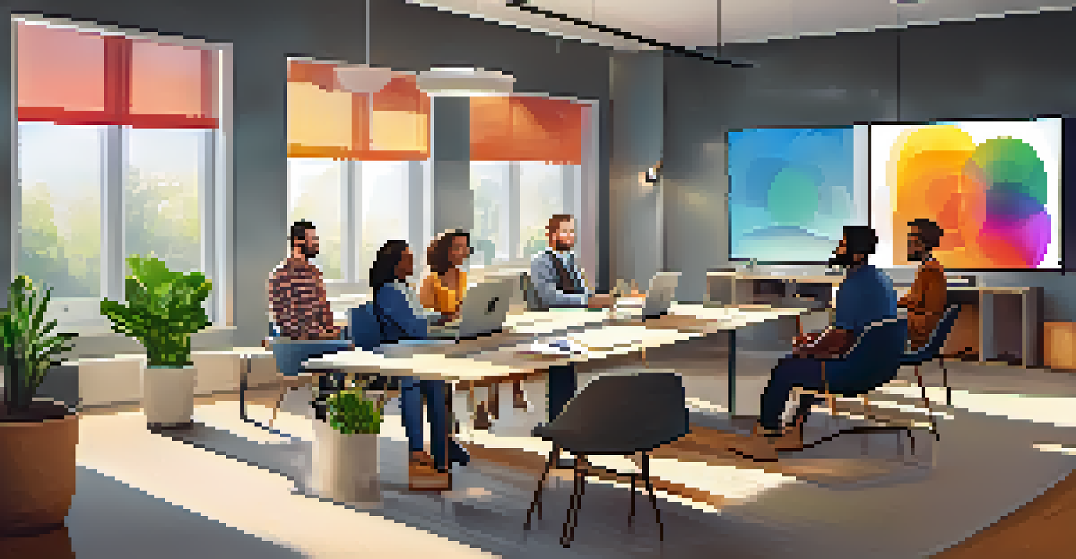 Diverse employees participating in a video conference in a modern workspace.