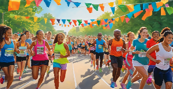 A lively community fitness event in a park with diverse participants in bright athletic wear, colorful banners, and a cheering crowd under the sun.