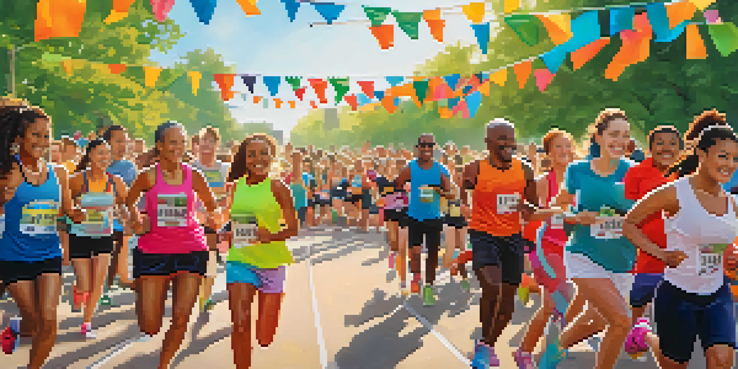 A lively community fitness event in a park with diverse participants in bright athletic wear, colorful banners, and a cheering crowd under the sun.