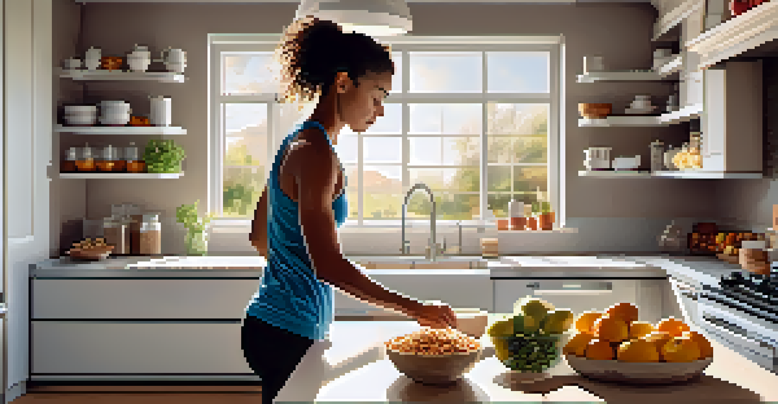 An athlete preparing a nutritious pre-workout meal in a bright kitchen.
