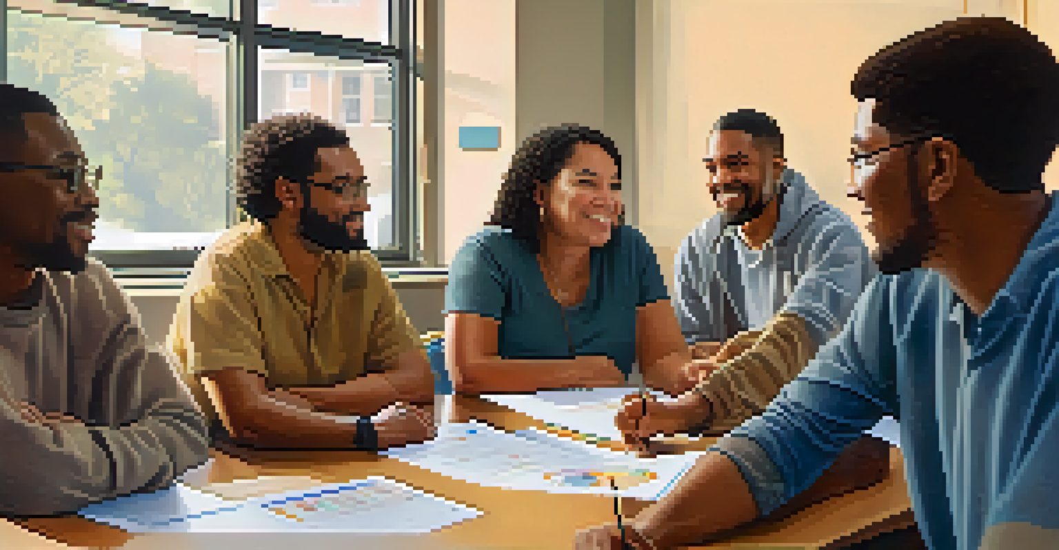A diverse group of people in a cozy room discussing health equity, with charts displayed on a projector.