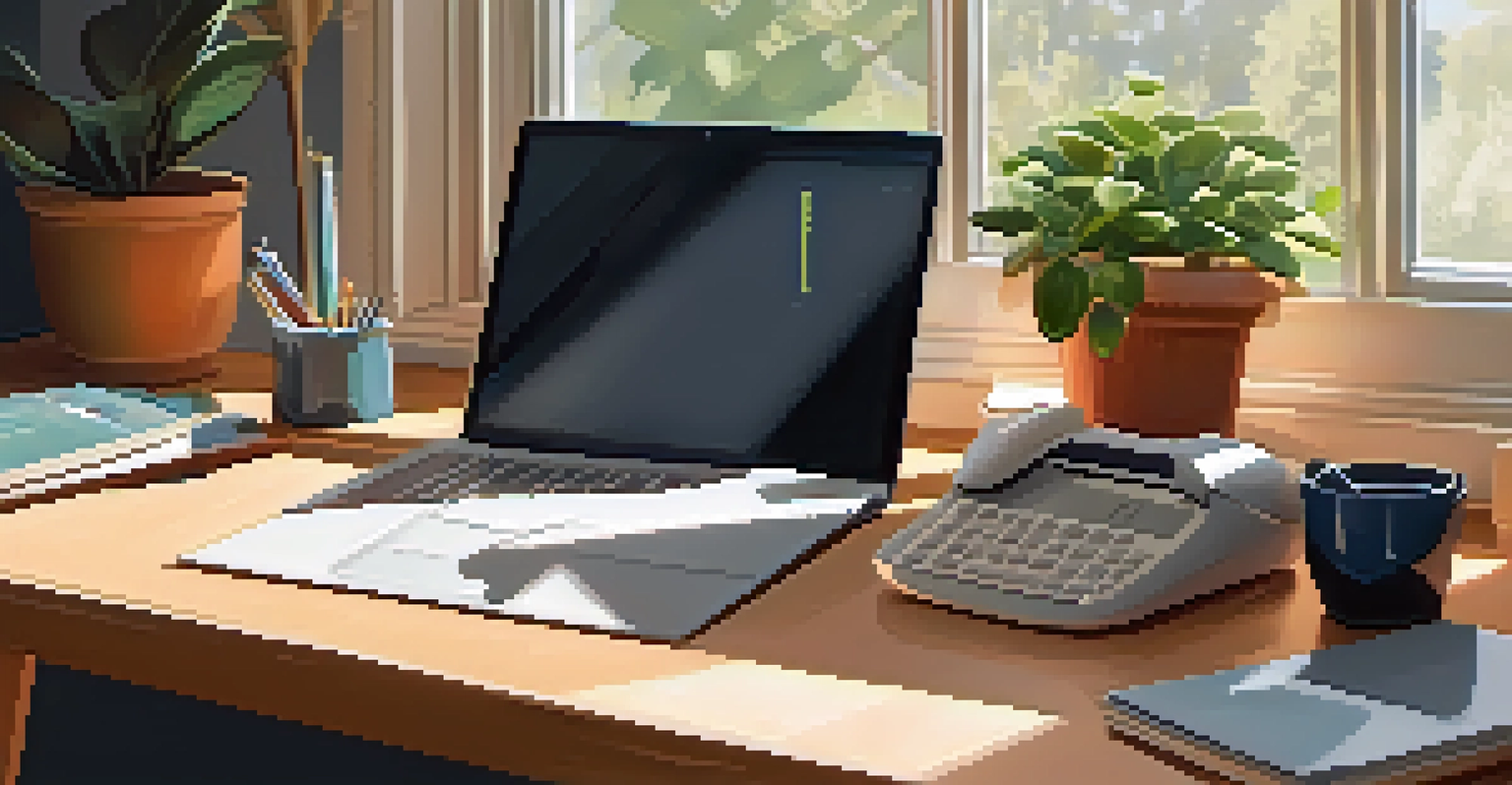A cozy home office with a laptop, a potted plant, and running shoes nearby, representing a balance between work and exercise.