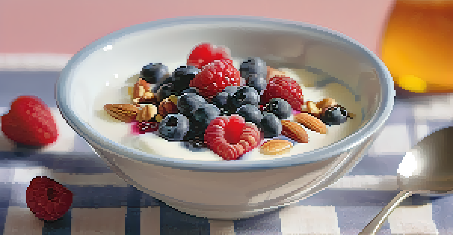 A bowl of yogurt topped with berries and nuts on a colorful tablecloth, illuminated by soft morning light.