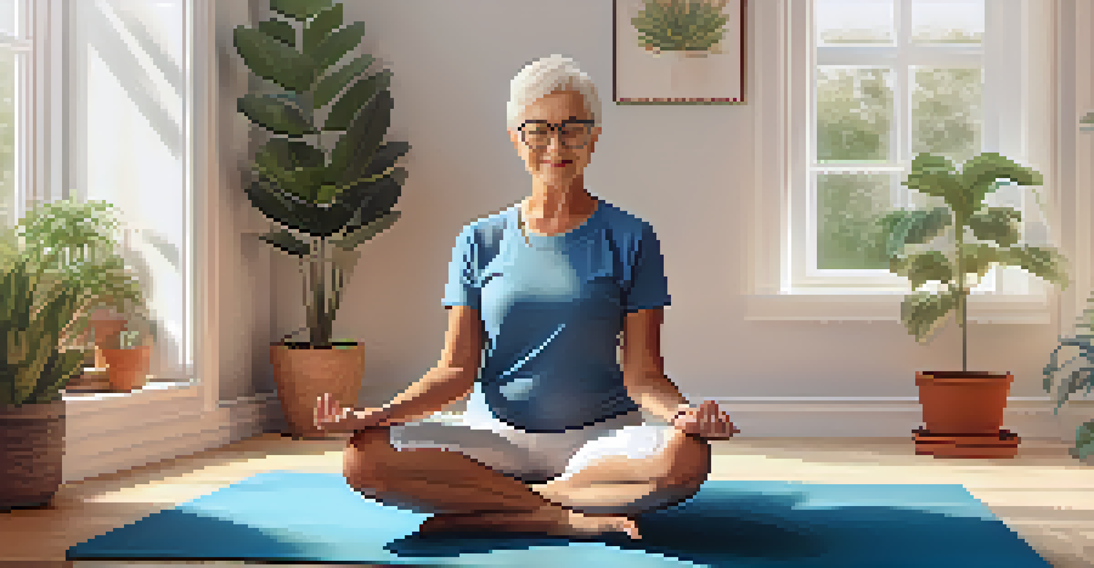 A senior practicing yoga at home, following a virtual class on a laptop in a bright and calm room.
