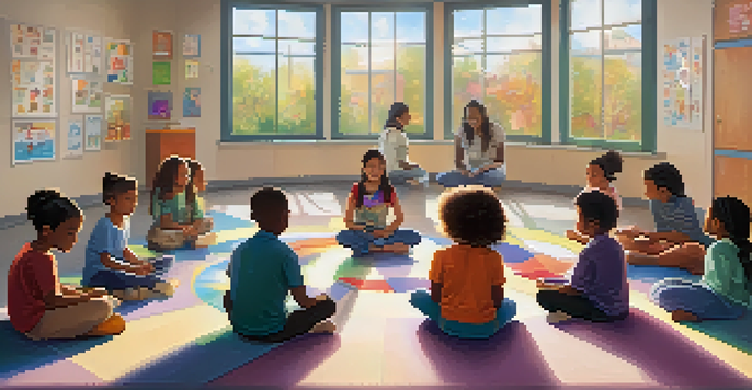 A diverse group of children in a classroom participating in a mindfulness activity, guided by a teacher in a warm, inviting environment.