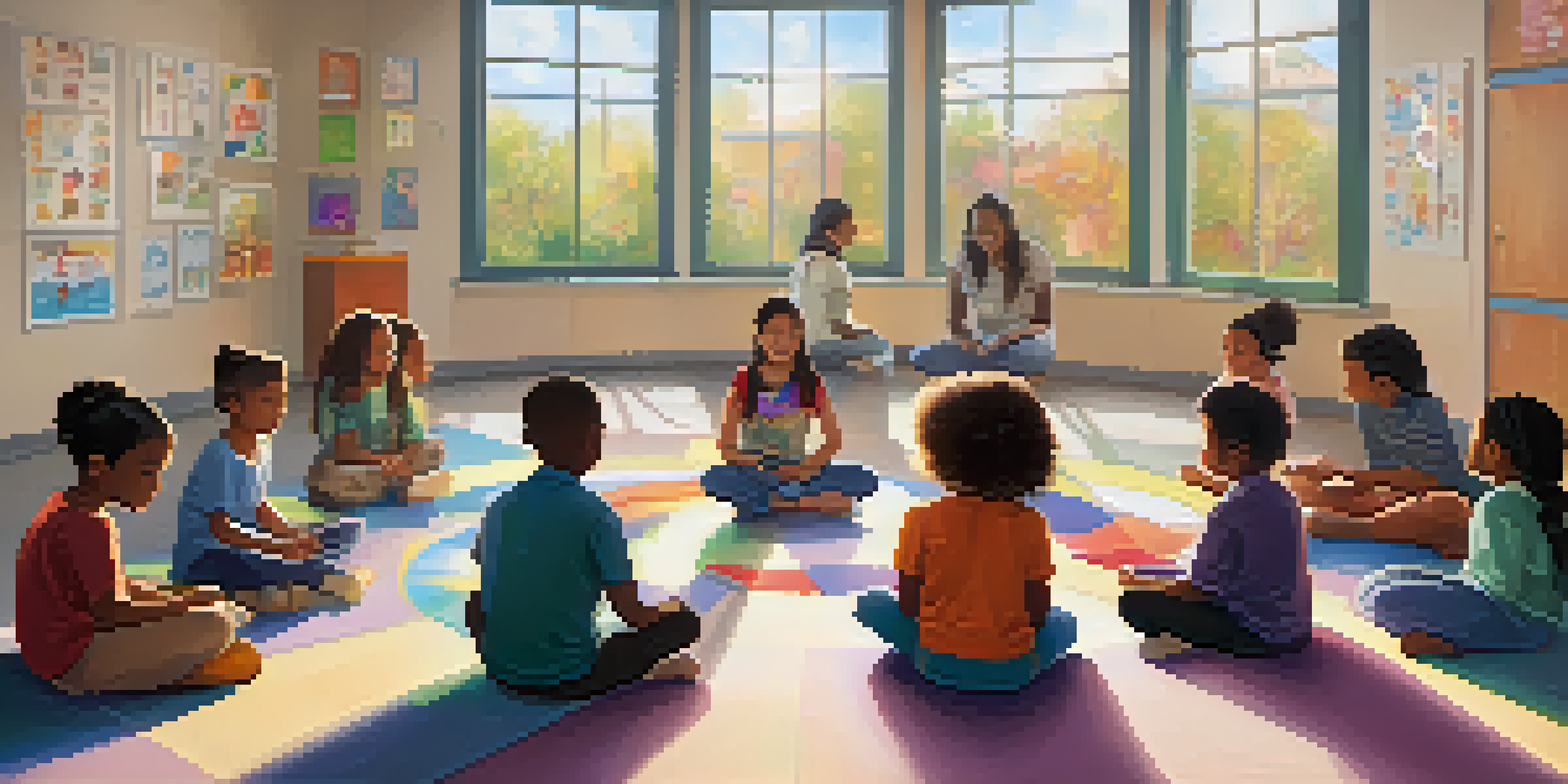 A diverse group of children in a classroom participating in a mindfulness activity, guided by a teacher in a warm, inviting environment.