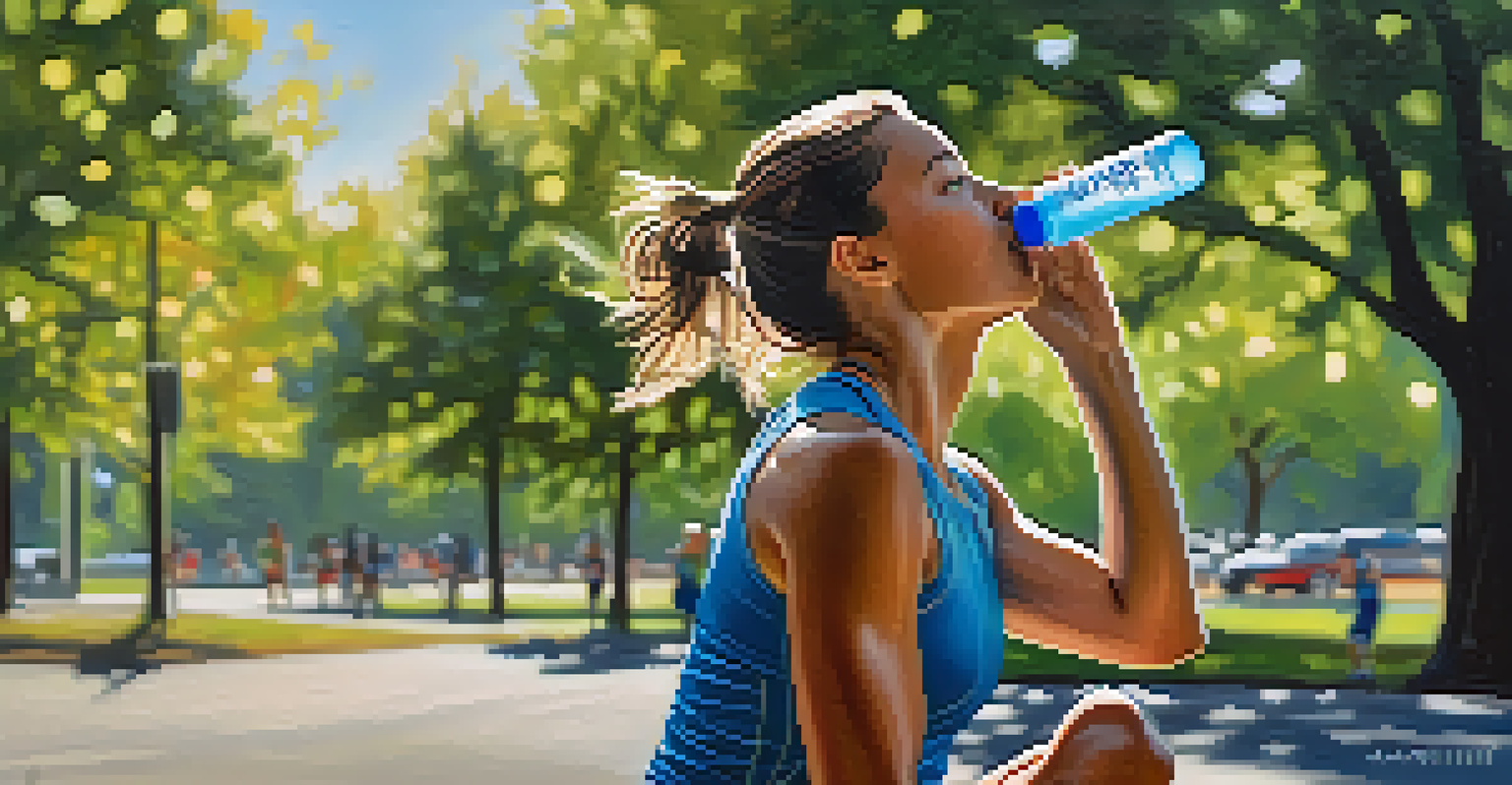 A runner taking a refreshing break to hydrate with a water bottle in a sunny park.