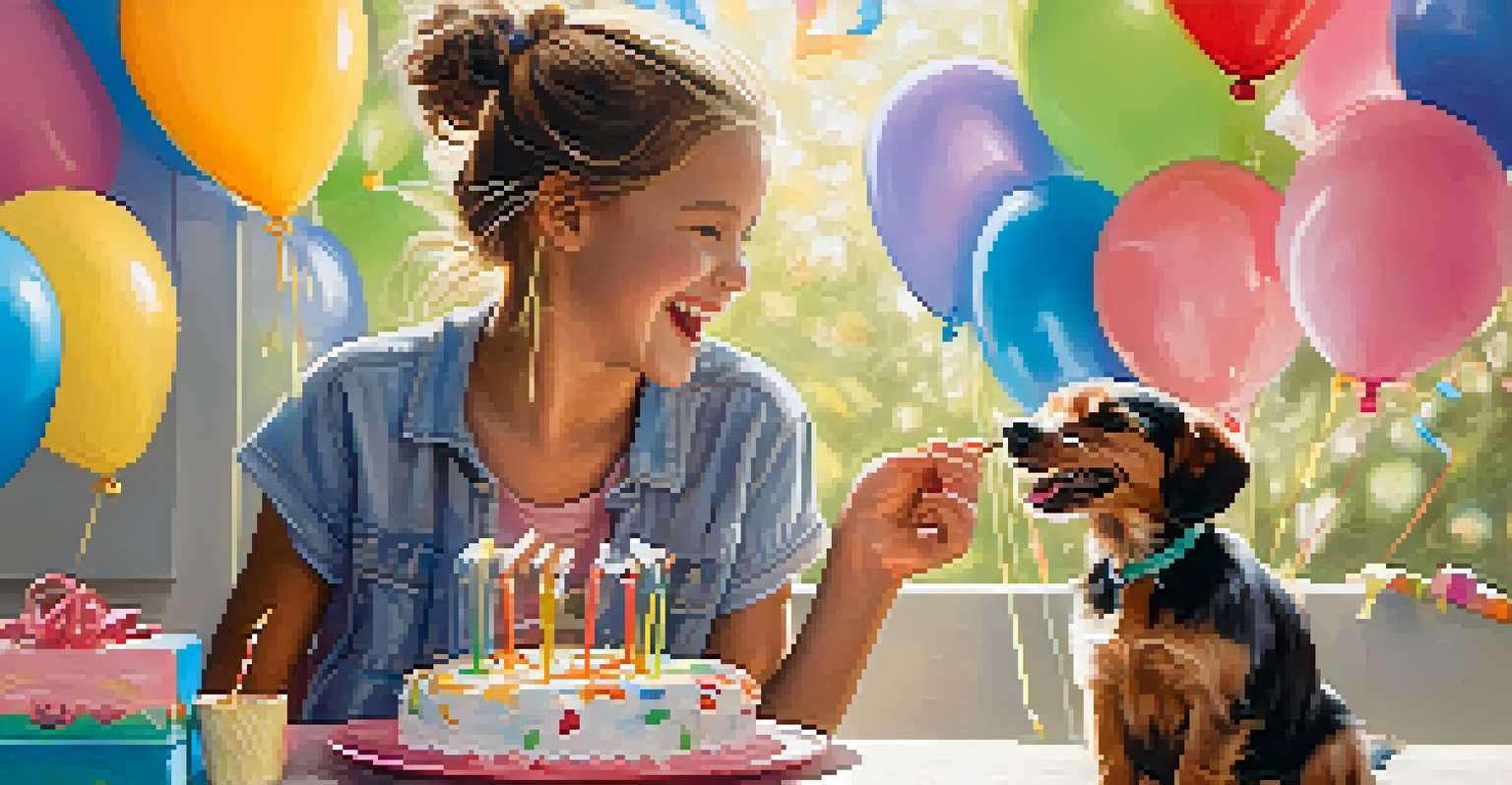 A young girl celebrating her birthday with her small dog, surrounded by balloons and a cake.