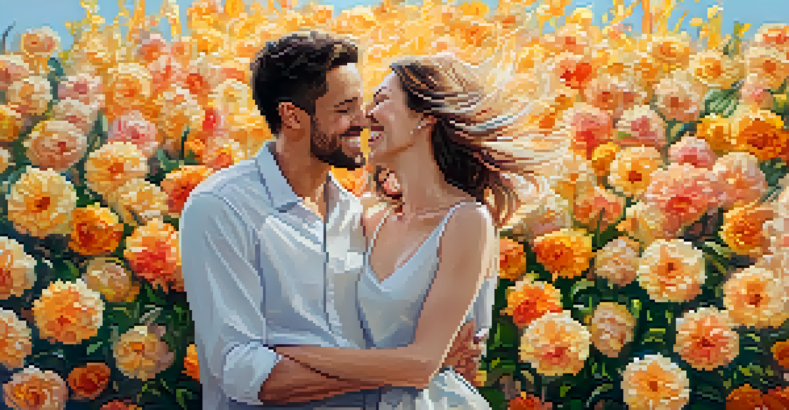 A couple celebrating a small victory outdoors with a cake and a cheerful banner.