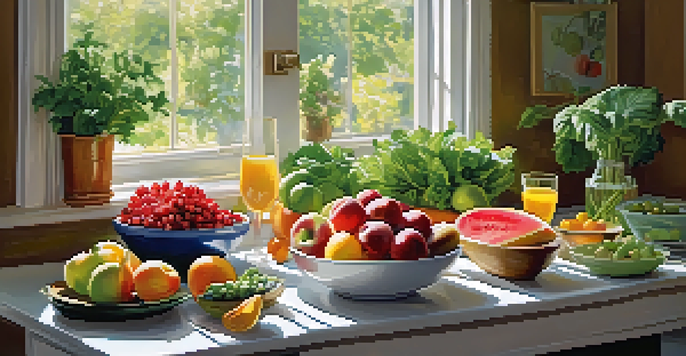 A bright kitchen with a wooden dining table filled with fresh fruits and vegetables, illuminated by sunlight.