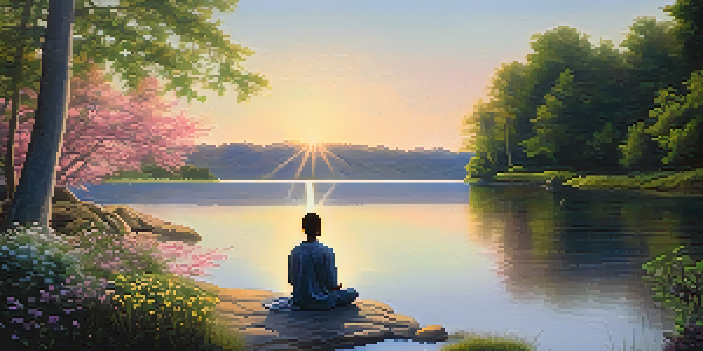 A peaceful sunrise over a calm lake with a person meditating on a rock, surrounded by greenery and flowers.