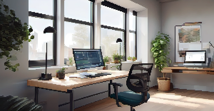 A well-designed ergonomic workspace with an adjustable standing desk, ergonomic chair, and a bright window bringing in natural light.