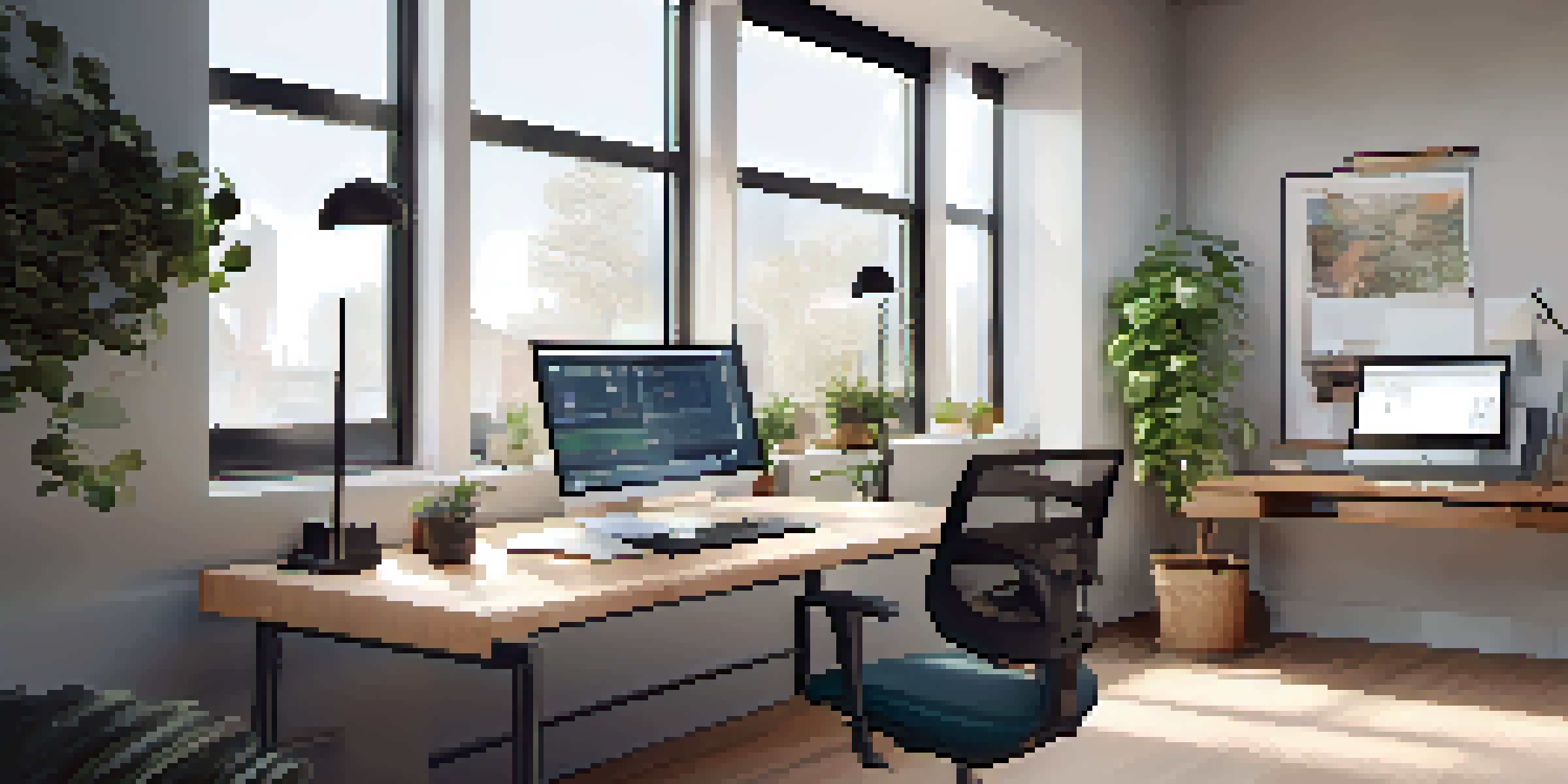 A well-designed ergonomic workspace with an adjustable standing desk, ergonomic chair, and a bright window bringing in natural light.