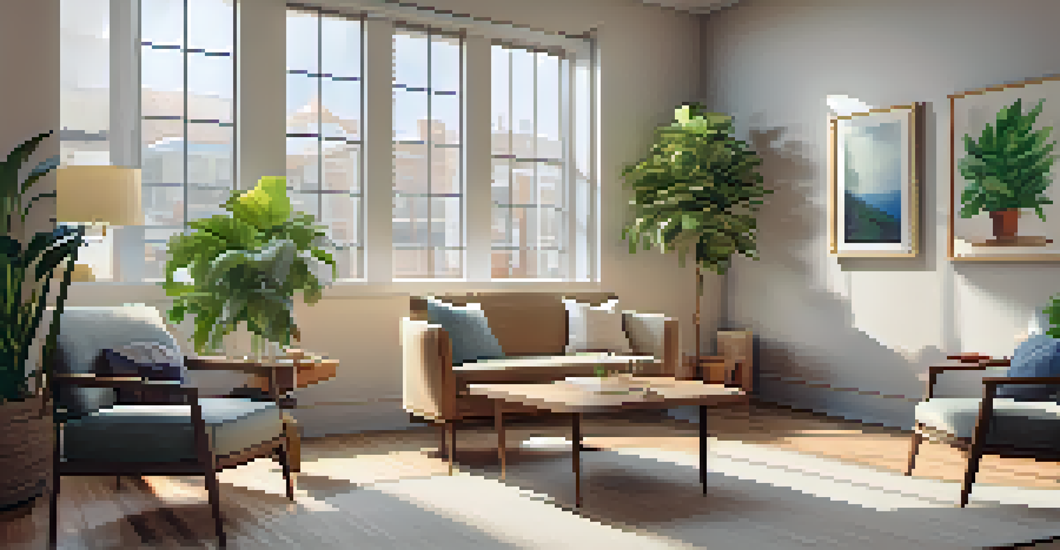 A cozy wellness coaching room with natural light, featuring a coach and client having a conversation, surrounded by plants and motivational quotes.