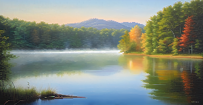 A tranquil sunrise over a calm lake, with colorful reflections and mist, representing resilience and hope.