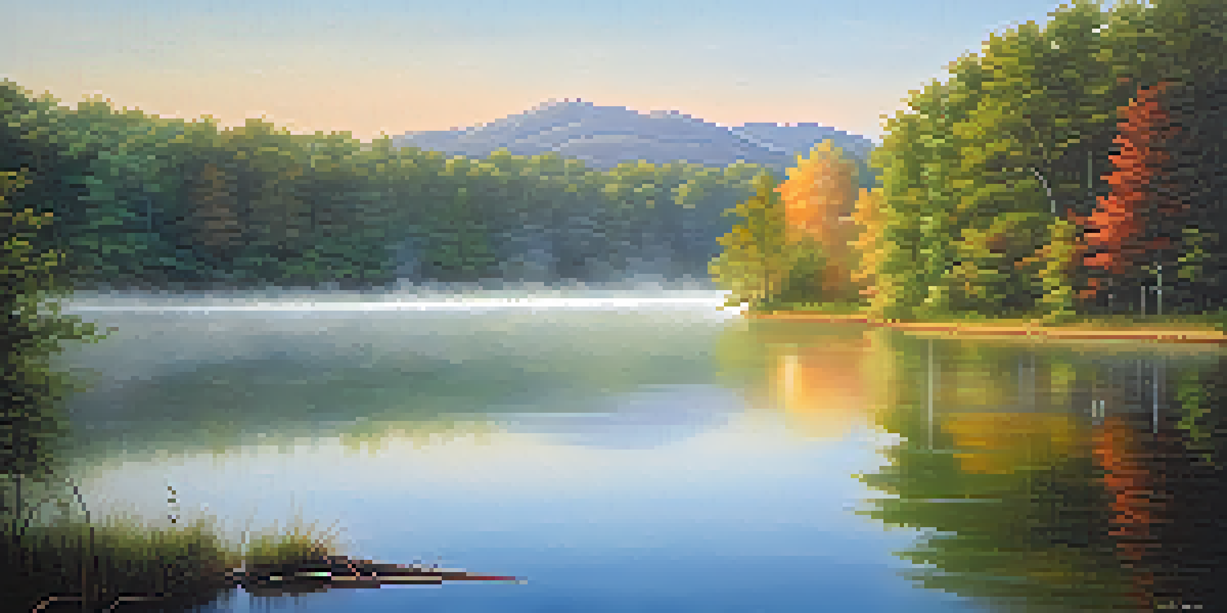 A tranquil sunrise over a calm lake, with colorful reflections and mist, representing resilience and hope.
