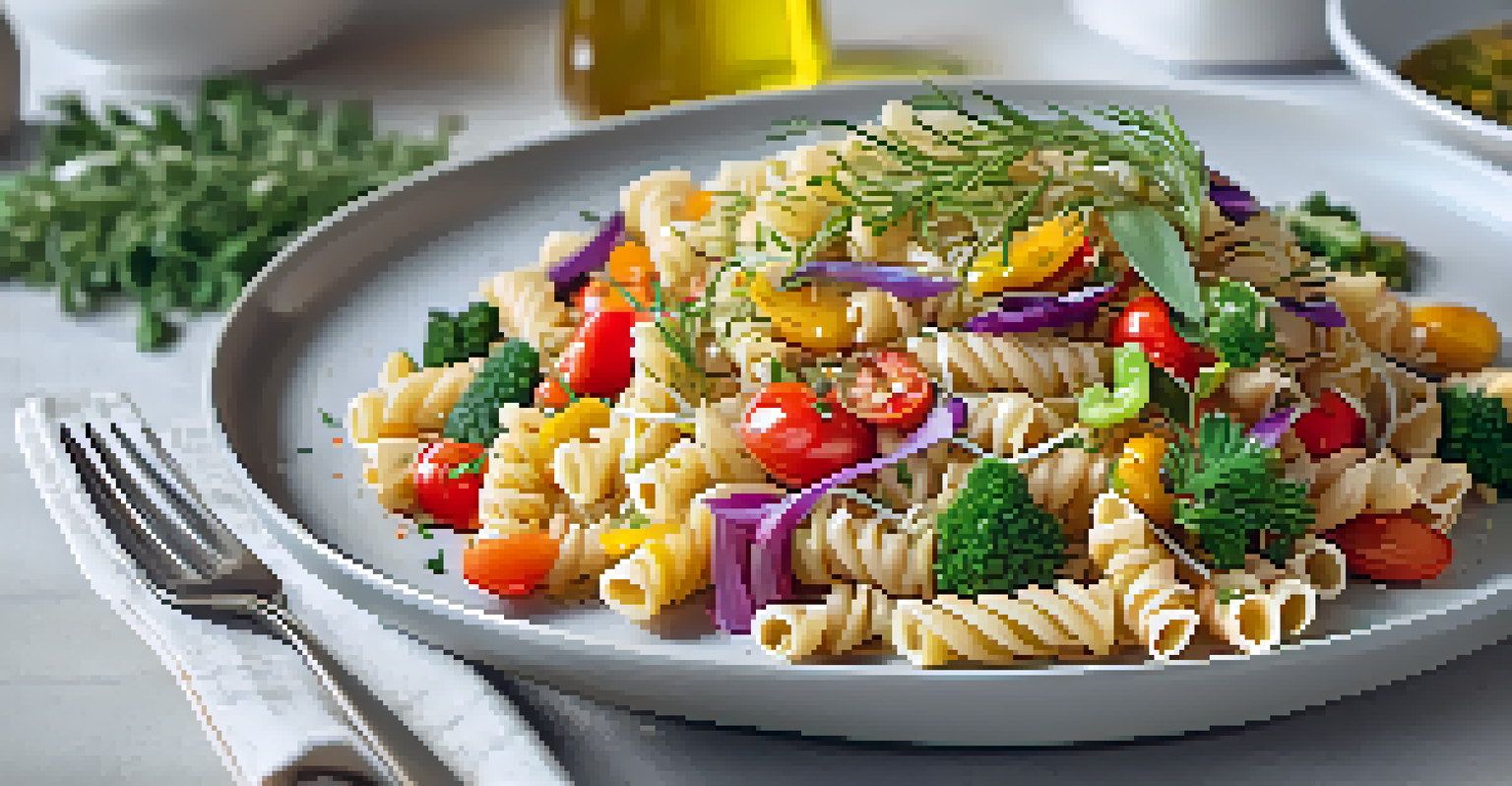 A plate of whole grain pasta with sautéed vegetables and olive oil, garnished with fresh herbs, set against a light backdrop.