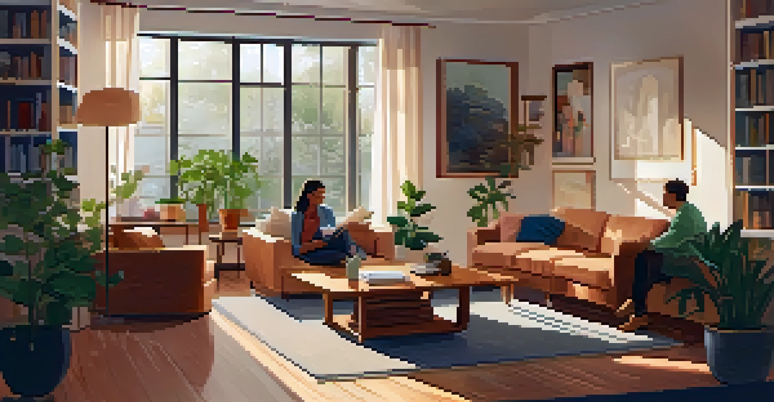 Two friends having a heartfelt conversation in a cozy living room, surrounded by warm lighting and comfortable furnishings.