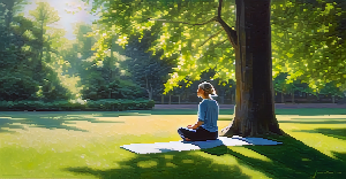 A person meditating in a sunlit park, surrounded by flowers and trees, with a peaceful expression.