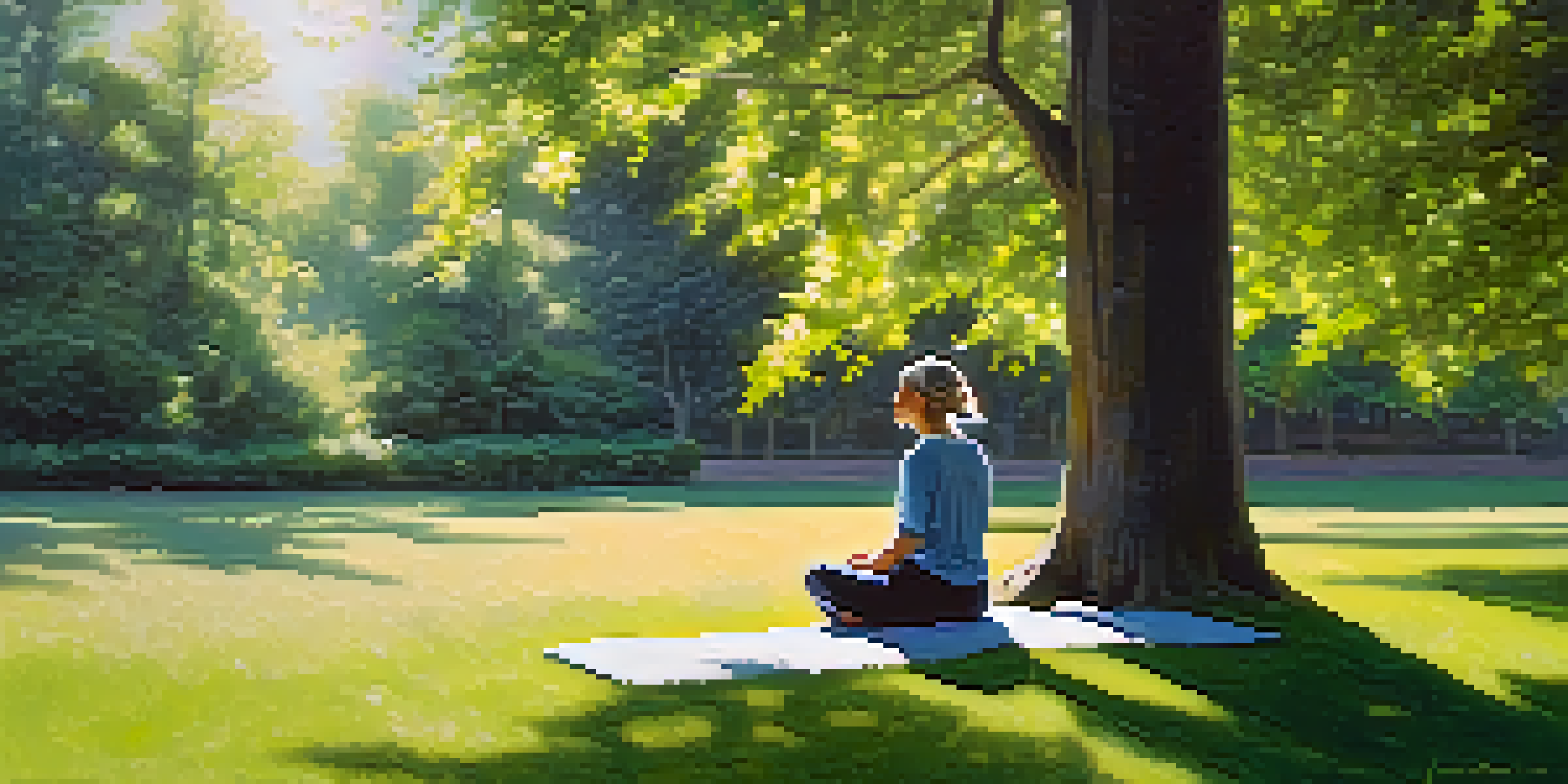 A person meditating in a sunlit park, surrounded by flowers and trees, with a peaceful expression.