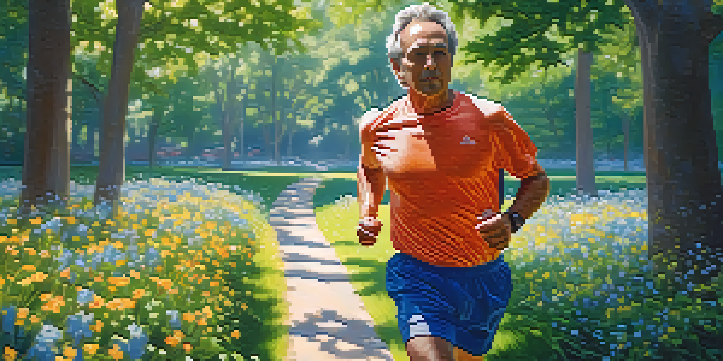 A middle-aged man jogging in a sunlit park, surrounded by trees and flowers, promoting an active lifestyle.