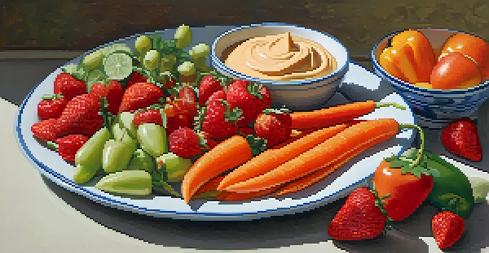 A colorful platter of fresh fruits and vegetables with a bowl of hummus, showcasing a variety of textures and colors.