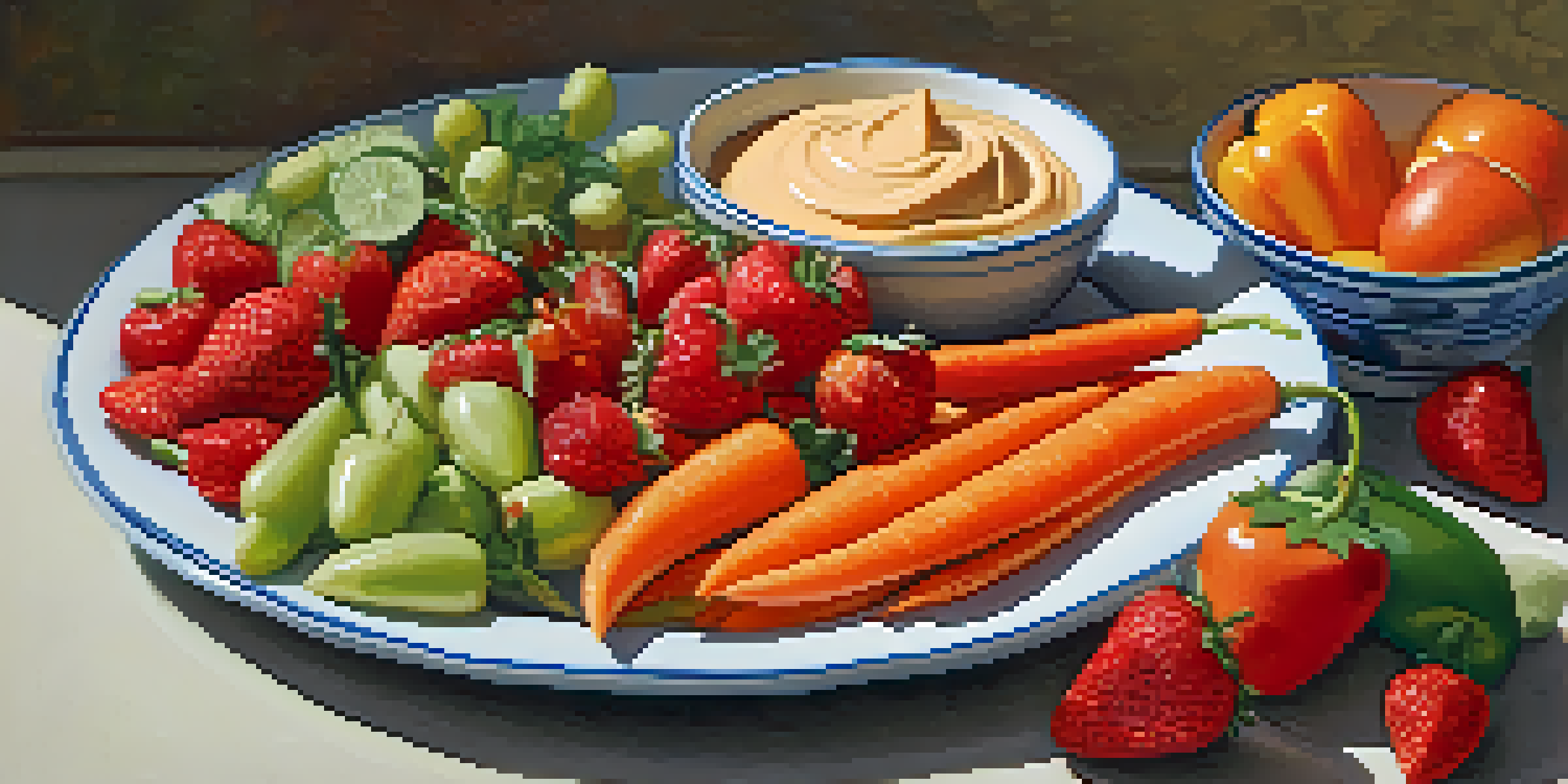 A colorful platter of fresh fruits and vegetables with a bowl of hummus, showcasing a variety of textures and colors.