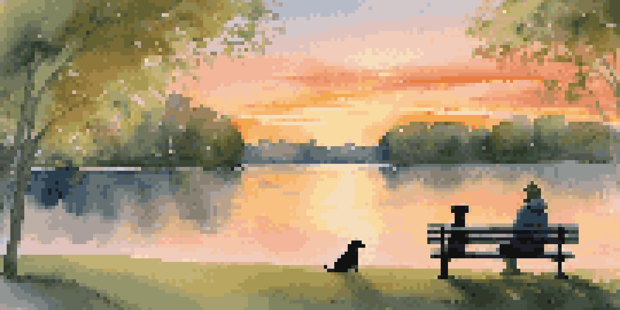 A person and a golden retriever dog enjoying a sunset together on a park bench, radiating warmth and companionship.