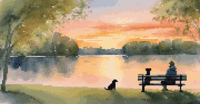 A person and a golden retriever dog enjoying a sunset together on a park bench, radiating warmth and companionship.
