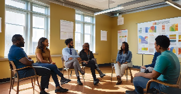 A diverse group of people participating in a community health workshop, discussing health equity with charts on a whiteboard and bright natural light in the room.