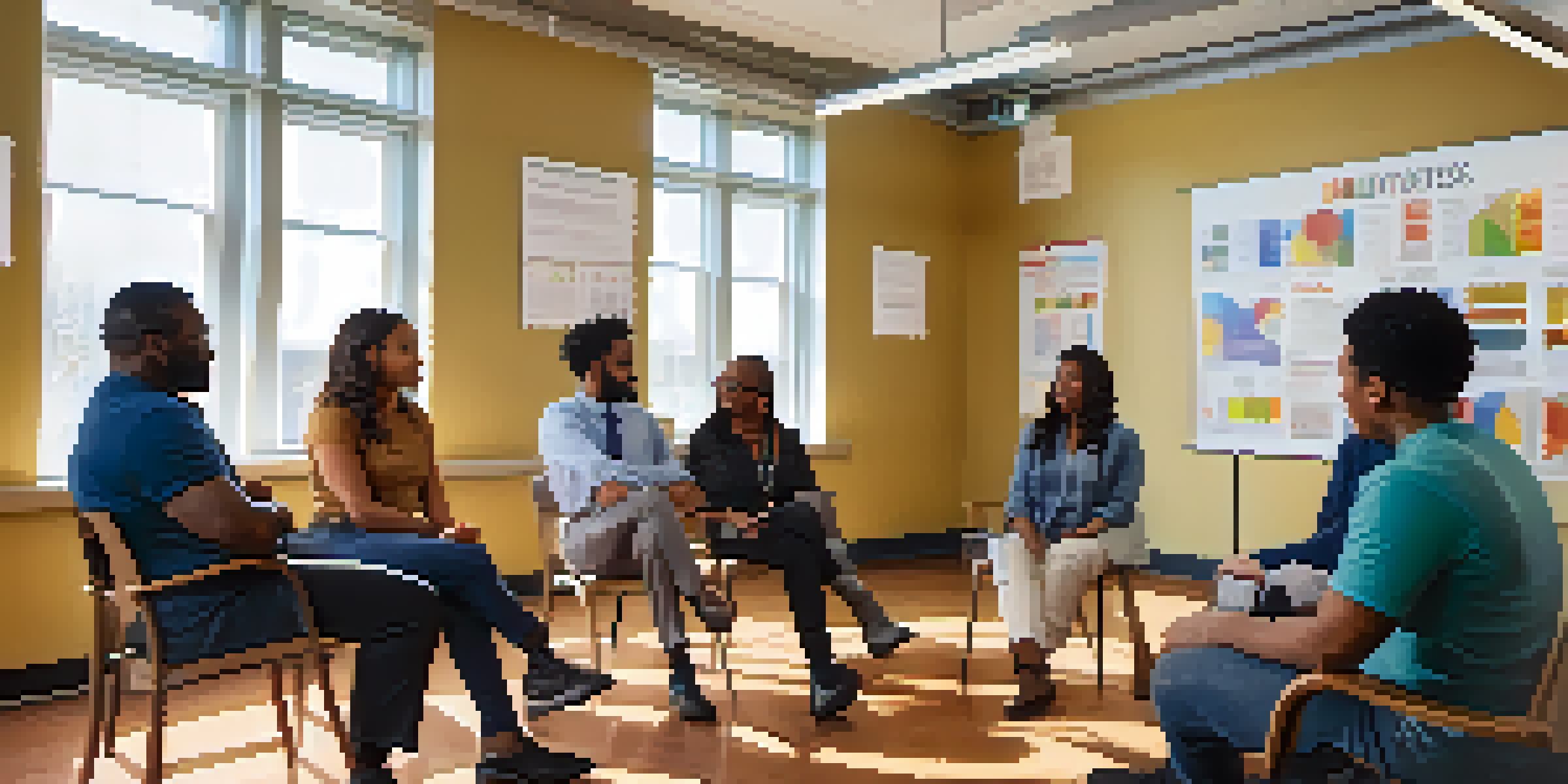 A diverse group of people participating in a community health workshop, discussing health equity with charts on a whiteboard and bright natural light in the room.